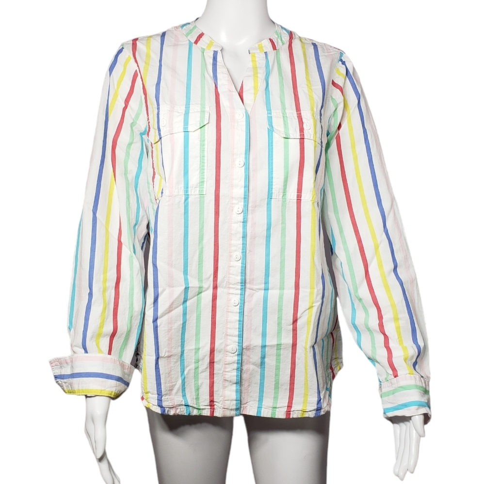 St. John's Bay 100% Cotton Women's Long Sleeve Buttoned  Striped Shirt, Size Med